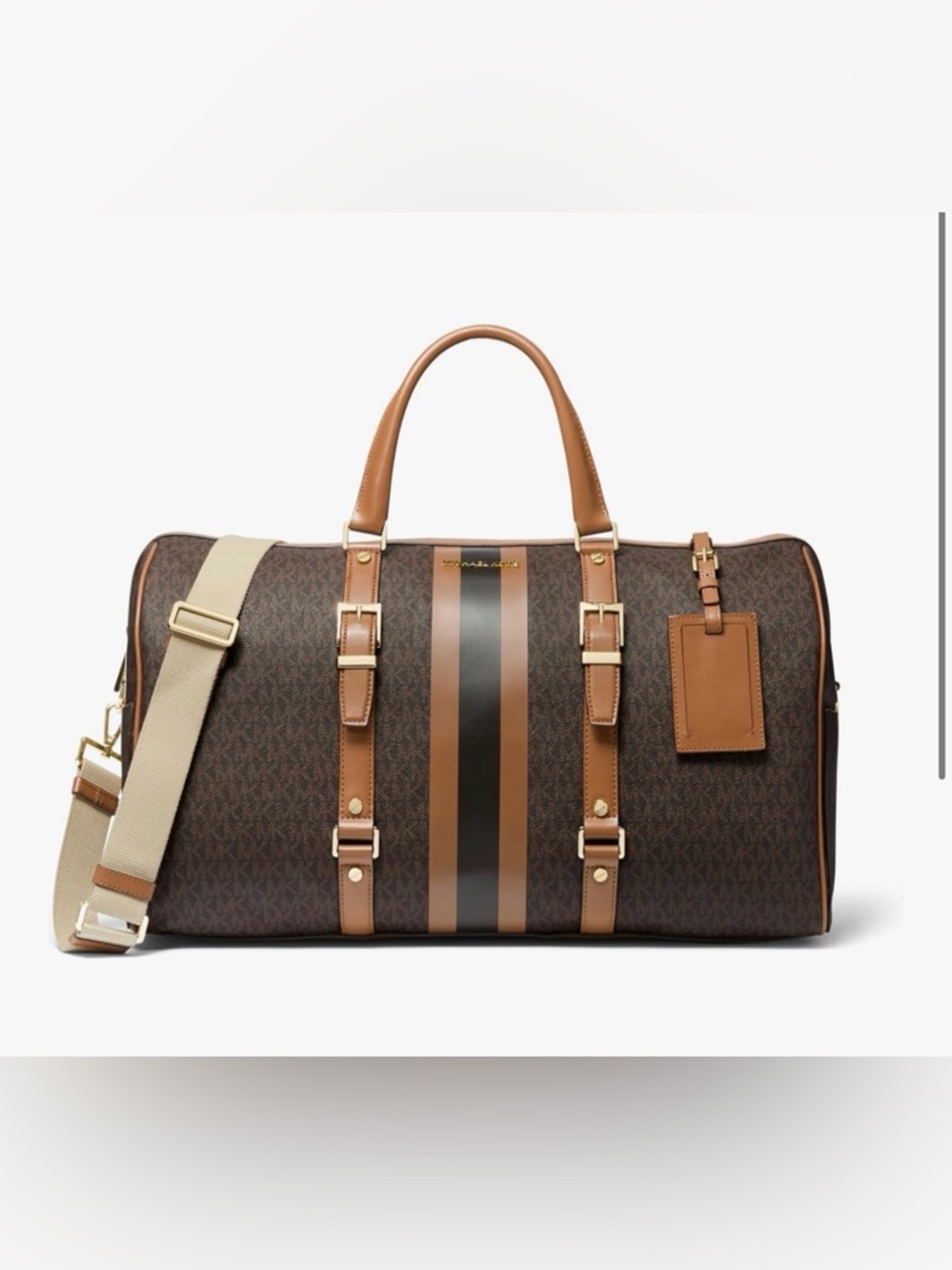 Michael Kors Brown & Black Stripe Bedford XLTravel Duffle & Matching wristlet - Picture 12 of 16